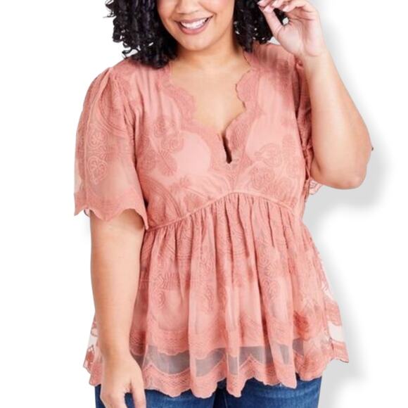 Arula A Beautiful Soul pink Scalloped Mesh Lace Overlay Babydoll Top 1X 1XL - Picture 1 of 16